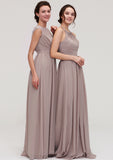 Bateau Sleeveless A-line/Princess Chiffon Long/Floor-Length Bridesmaid Dresses With Pleated Arely STIP0025420