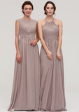 Bateau Sleeveless A-line/Princess Chiffon Long/Floor-Length Bridesmaid Dresses With Pleated Arely STIP0025420