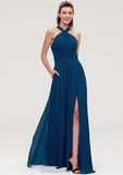 Scalloped Neck Sleeveless A-line/Princess Chiffon Long/Floor-Length Bridesmaid Dresseses With Split Pleated Paula STIP0025424