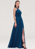 Scalloped Neck Sleeveless A-line/Princess Chiffon Long/Floor-Length Bridesmaid Dresseses With Split Pleated Paula STIP0025424