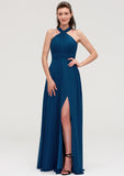 Scalloped Neck Sleeveless A-line/Princess Chiffon Long/Floor-Length Bridesmaid Dresseses With Split Pleated Paula STIP0025424