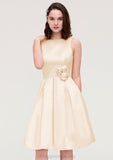 Sleeveless Bateau Knee-Length Satin A-line/Princess Bridesmaid Dresses With Pleated Flowers Fiona STIP0025425