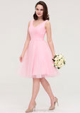 Sleeveless V Neck Knee-Length Tulle A-line/Princess Bridesmaid Dresses With Pleated Madalynn STIP0025426