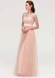 Bateau Sleeveless Tulle A-line/Princess Long/Floor-Length Bridesmaid Dresseses With Sashes Lace Karla STIP0025427