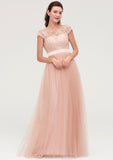 Bateau Sleeveless Tulle A-line/Princess Long/Floor-Length Bridesmaid Dresseses With Sashes Lace Karla STIP0025427