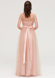 Bateau Sleeveless Tulle A-line/Princess Long/Floor-Length Bridesmaid Dresseses With Sashes Lace Karla STIP0025427