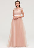 Bateau Sleeveless Tulle A-line/Princess Long/Floor-Length Bridesmaid Dresseses With Sashes Lace Karla STIP0025427