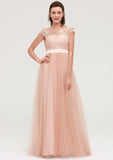 Bateau Sleeveless Tulle A-line/Princess Long/Floor-Length Bridesmaid Dresseses With Sashes Lace Karla STIP0025427