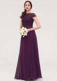 Short Sleeve Bateau Long/Floor-Length  Chiffon A-line/Princess Bridesmaid Dresses With Sashes Lace Yamilet STIP0025428