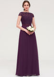 Short Sleeve Bateau Long/Floor-Length  Chiffon A-line/Princess Bridesmaid Dresses With Sashes Lace Yamilet STIP0025428