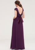 Short Sleeve Bateau Long/Floor-Length  Chiffon A-line/Princess Bridesmaid Dresses With Sashes Lace Yamilet STIP0025428