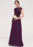 Short Sleeve Bateau Long/Floor-Length  Chiffon A-line/Princess Bridesmaid Dresses With Sashes Lace Yamilet STIP0025428