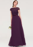 Short Sleeve Bateau Long/Floor-Length  Chiffon A-line/Princess Bridesmaid Dresses With Sashes Lace Yamilet STIP0025428