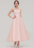 Tea-Length Sleeveless Bateau Tulle A-line/Princess Bridesmaid Dresses With Waistband Lace Rachael STIP0025429