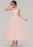 Tea-Length Sleeveless Bateau Tulle A-line/Princess Bridesmaid Dresses With Waistband Lace Rachael STIP0025429