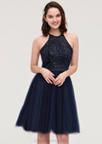 Sleeveless Halter Knee-Length Tulle A-line/Princess Bridesmaid Dresses With Sequins Appliqued Sashes Jazlynn STIP0025430