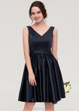 V Neck Sleeveless A-line/Princess Knee-Length Satin Bridesmaid Dresses With Pleated Violet STIP0025433