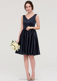 V Neck Sleeveless A-line/Princess Knee-Length Satin Bridesmaid Dresses With Pleated Violet STIP0025433