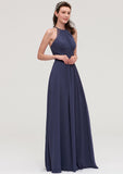 Scoop Neck Sleeveless A-line/Princess Chiffon Long/Floor-Length Bridesmaid Dresseses With Pleated Appliqued Valery STIP0025439