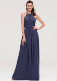 Scoop Neck Sleeveless A-line/Princess Chiffon Long/Floor-Length Bridesmaid Dresseses With Pleated Appliqued Valery STIP0025439