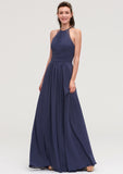 Scoop Neck Sleeveless A-line/Princess Chiffon Long/Floor-Length Bridesmaid Dresseses With Pleated Appliqued Valery STIP0025439