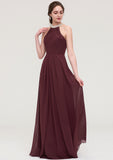 Sleeveless Halter Long/Floor-Length Chiffon A-line/Princess Bridesmaid Dresses With Beading Pleated Jessie STIP0025445