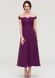 Off-the-Shoulder Sleeveless Tea-Length Chiffon A-line/Princess Bridesmaid Dresses With Lace Beading Vanessa STIP0025446