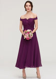 Off-the-Shoulder Sleeveless Tea-Length Chiffon A-line/Princess Bridesmaid Dresses With Lace Beading Vanessa STIP0025446