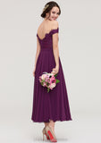 Off-the-Shoulder Sleeveless Tea-Length Chiffon A-line/Princess Bridesmaid Dresses With Lace Beading Vanessa STIP0025446