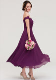 Off-the-Shoulder Sleeveless Tea-Length Chiffon A-line/Princess Bridesmaid Dresses With Lace Beading Vanessa STIP0025446