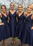 V-Neck A-Line/Princess Tea-Length Satin Bridesmaid Dresses Cameron STIP0025447