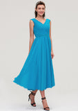 Sleeveless V Neck Tea-Length Chiffon A-line/Princess Bridesmaid Dresseses With Pleated Karsyn STIP0025448