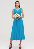 Sleeveless V Neck Tea-Length Chiffon A-line/Princess Bridesmaid Dresseses With Pleated Karsyn STIP0025448