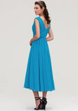 Sleeveless V Neck Tea-Length Chiffon A-line/Princess Bridesmaid Dresseses With Pleated Karsyn STIP0025448