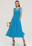 Sleeveless V Neck Tea-Length Chiffon A-line/Princess Bridesmaid Dresseses With Pleated Karsyn STIP0025448