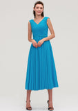 Sleeveless V Neck Tea-Length Chiffon A-line/Princess Bridesmaid Dresseses With Pleated Karsyn STIP0025448