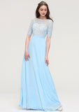 Half Sleeve Long/Floor-Length Bateau Chiffon A-line/Princess Bridesmaid Dresses With Lace Patsy STIP0025450