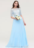 Half Sleeve Long/Floor-Length Bateau Chiffon A-line/Princess Bridesmaid Dresses With Lace Patsy STIP0025450