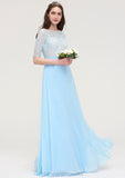 Half Sleeve Long/Floor-Length Bateau Chiffon A-line/Princess Bridesmaid Dresses With Lace Patsy STIP0025450