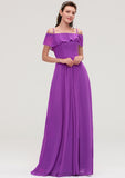 Sleeveless Off-the-Shoulder Chiffon A-line/Princess Long/Floor-Length Bridesmaid Dresseses With Ruffles Rihanna STIP0025452