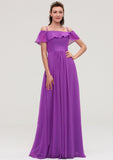 Sleeveless Off-the-Shoulder Chiffon A-line/Princess Long/Floor-Length Bridesmaid Dresseses With Ruffles Rihanna STIP0025452