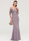 Off-the-Shoulder Half Sleeve Sheath/Column Long/Floor-Length Chiffon Bridesmaid Dresseses With Appliqued Brenna STIP0025458