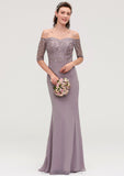 Off-the-Shoulder Half Sleeve Sheath/Column Long/Floor-Length Chiffon Bridesmaid Dresseses With Appliqued Brenna STIP0025458