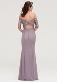 Off-the-Shoulder Half Sleeve Sheath/Column Long/Floor-Length Chiffon Bridesmaid Dresseses With Appliqued Brenna STIP0025458