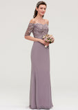 Off-the-Shoulder Half Sleeve Sheath/Column Long/Floor-Length Chiffon Bridesmaid Dresseses With Appliqued Brenna STIP0025458