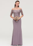 Off-the-Shoulder Half Sleeve Sheath/Column Long/Floor-Length Chiffon Bridesmaid Dresseses With Appliqued Brenna STIP0025458