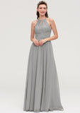 Sleeveless Scoop Neck Chiffon A-line/Princess Long/Floor-Length Bridesmaid Dresseses With Pleated Lace Monserrat STIP0025460