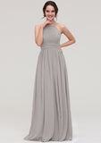 Halter Sleeveless A-line/Princess Long/Floor-Length Chiffon Bridesmaid Dresses With Pleated Keely STIP0025462