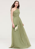 Sleeveless One-Shoulder Long/Floor-Length Chiffon A-line/Princess Bridesmaid Dresses With Pleated Carlee STIP0025463