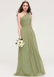 Sleeveless One-Shoulder Long/Floor-Length Chiffon A-line/Princess Bridesmaid Dresses With Pleated Carlee STIP0025463